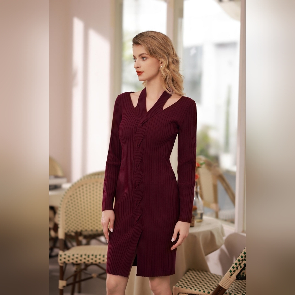 NWT - Belle Poque Wine Red Halterneck Long Sleeve Sweater Bodycon Dress - XL